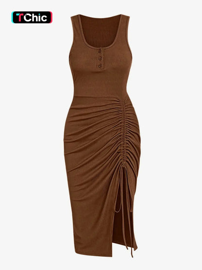 Women'S Drawstring Ruched Ribbed Tank Dress with Slit, Casual Button Decor Scoop Neck Sleeveless Bodycon Dress, Summer Clothes Women