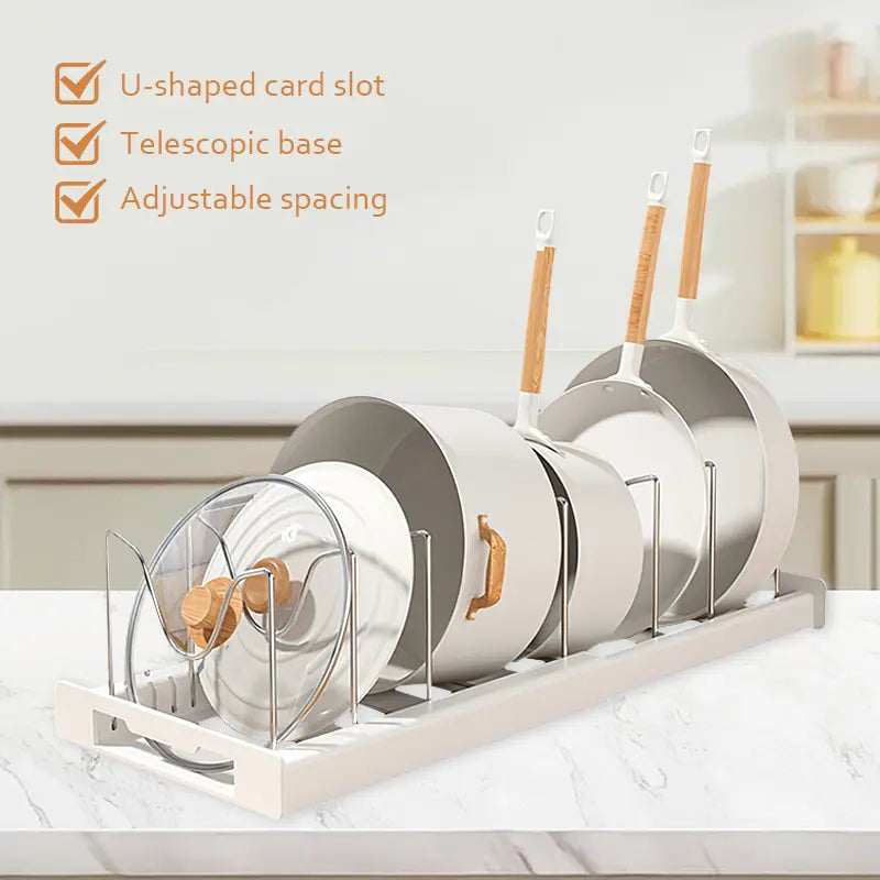 Expandable Pot and Pan Organizer Rack for Cabinet, Pot Lid Organizer Holder with 7 Stainless Steel Adjustable Dividers for Kitchen Cabinet Organizer and Storage (White)