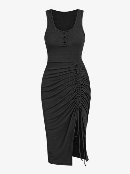 Women'S Drawstring Ruched Ribbed Tank Dress with Slit, Casual Button Decor Scoop Neck Sleeveless Bodycon Dress, Summer Clothes Women