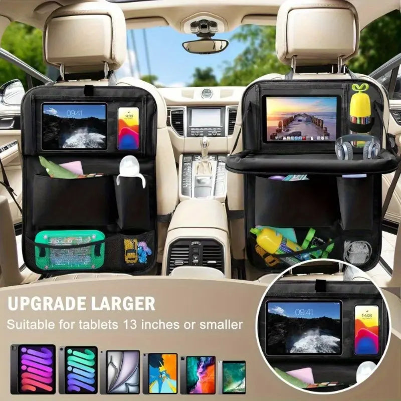 Car Backseat Organizer with Foldable Tray, 6 Pockets, Tablet Holder, and Kick Pad - Polyester Travel Accessory for Suvs, Trucks, Vans (Black), Car Seat Back Protector, Sturdy Construction, Universal Car Accessories