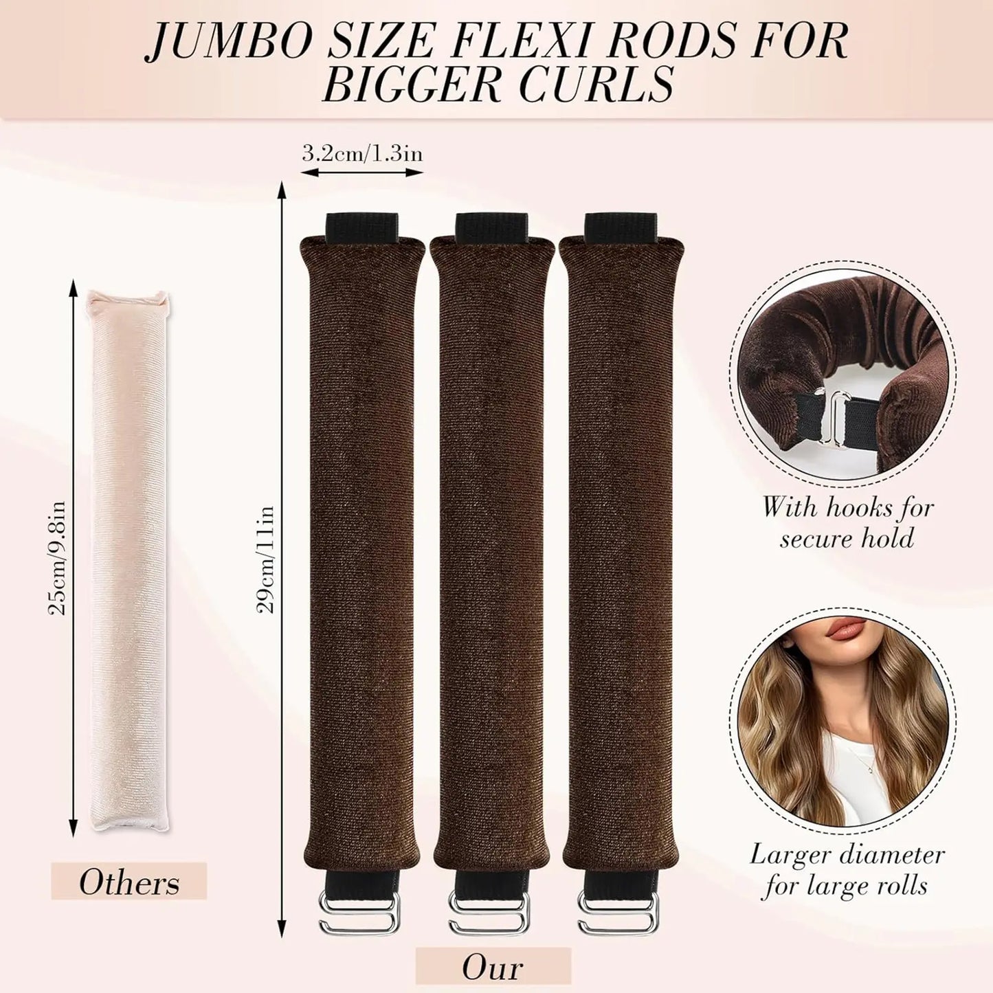 3-Pack Heatless Velvet Hair Curlers with Silk Scarf, No Heat Curling Rods for Long & Medium Hair, Sleep-In Curl Styling Kit