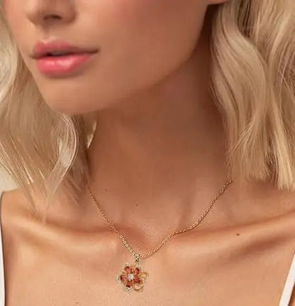 Relaxing Stress Rotating Five Petal Flower Pendant Necklace, Soothing Restlessness Necklace, Rotating Crystal Flower Necklace, 18K Gold Plated Titanium Steel Spinning Bauhinia Pendant Necklace, Flexible and Rotatable Jewelry Necklace