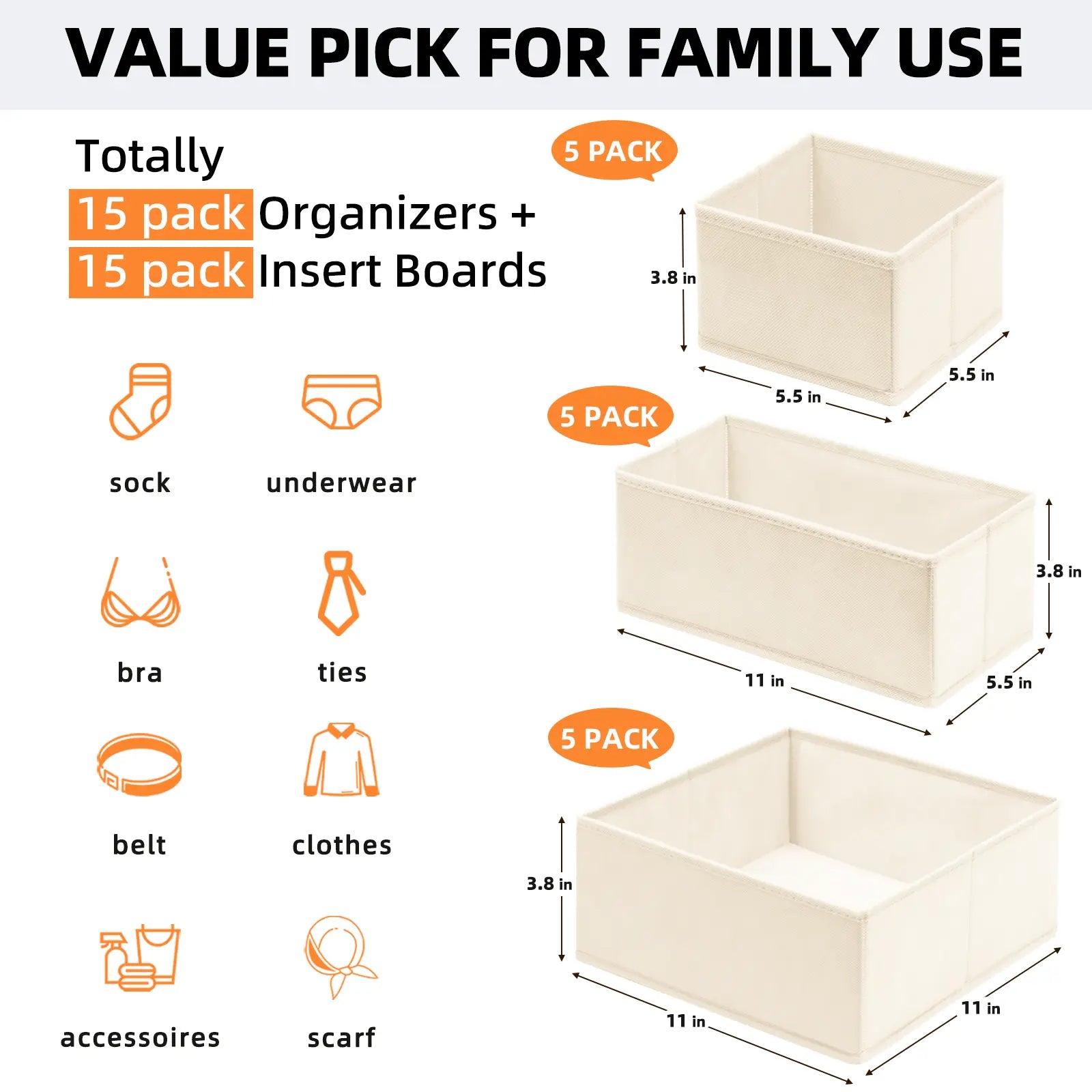 Criusia Sock Underwear Drawer Organizer Dividers 15 Pack - Dresser Organizer for Deep Drawer, Closet, Nursery, Bedroom - Fabric Bins for Organization Small Toys, Bra, Ties, Scarf, Belt (Beige)