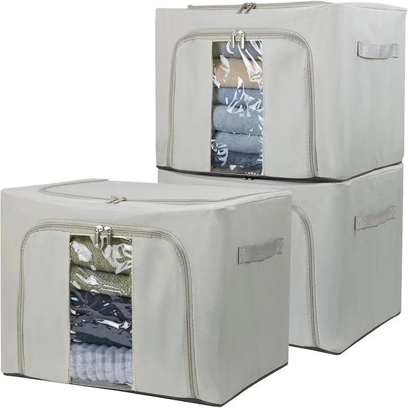 36L Clothes Storage Bins with Metal Frame, 3 Pcs Stackable Clothing Storage Boxes Containers with Lids, Foldable Oxford Fabric Clothes Organizer Bags Closet Organizers Organizing Bin for Sheet