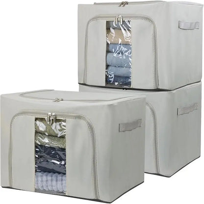 36L Clothes Storage Bins with Metal Frame, 3 Pcs Stackable Clothing Storage Boxes Containers with Lids, Foldable Oxford Fabric Clothes Organizer Bags Closet Organizers Organizing Bin for Sheet