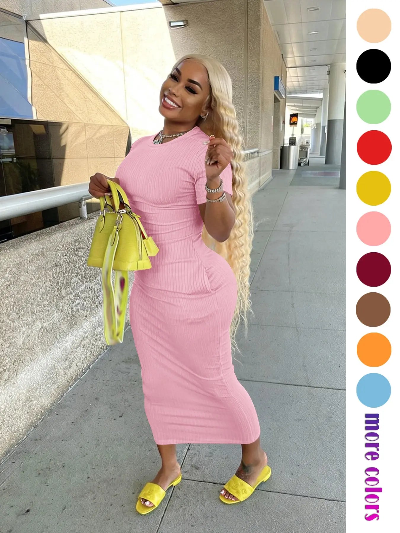 Threaded Elastic Solid Color Bodycon Dress, Breathable Elastic Party Outing Travel Pocket Long Dress, Summer Dress, Casual Wear, Womenswear