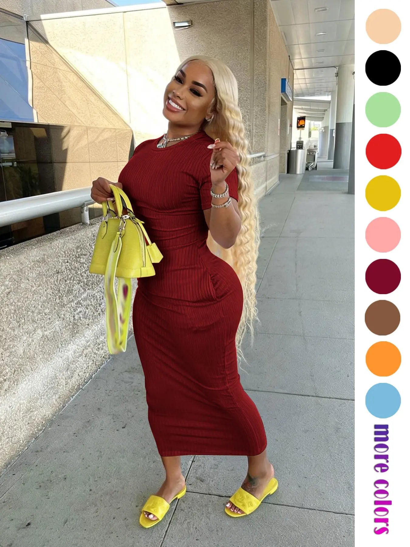 Threaded Elastic Solid Color Bodycon Dress, Breathable Elastic Party Outing Travel Pocket Long Dress, Summer Dress, Casual Wear, Womenswear