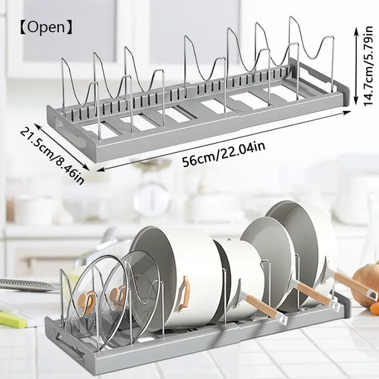 Expandable Pot and Pan Organizer Rack for Cabinet, Pot Lid Organizer Holder with 7 Stainless Steel Adjustable Dividers for Kitchen Cabinet Organizer and Storage (White)