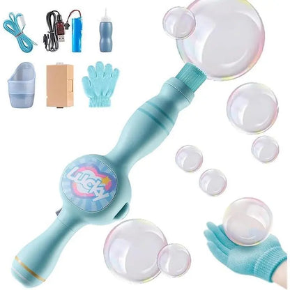 Elastic Smoke Bubble Machine for Kids - Rechargeable Magic Bubble Wand with Lights & Sound, Includes Gloves & Spill-Proof Cup, Safe Bubble Solution, Green & Pink