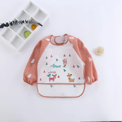Cartoon Pattern Long Sleeve Bib, Waterproof Bib with Pocket, Soft Feeding Bib for Baby, Ideal Gift