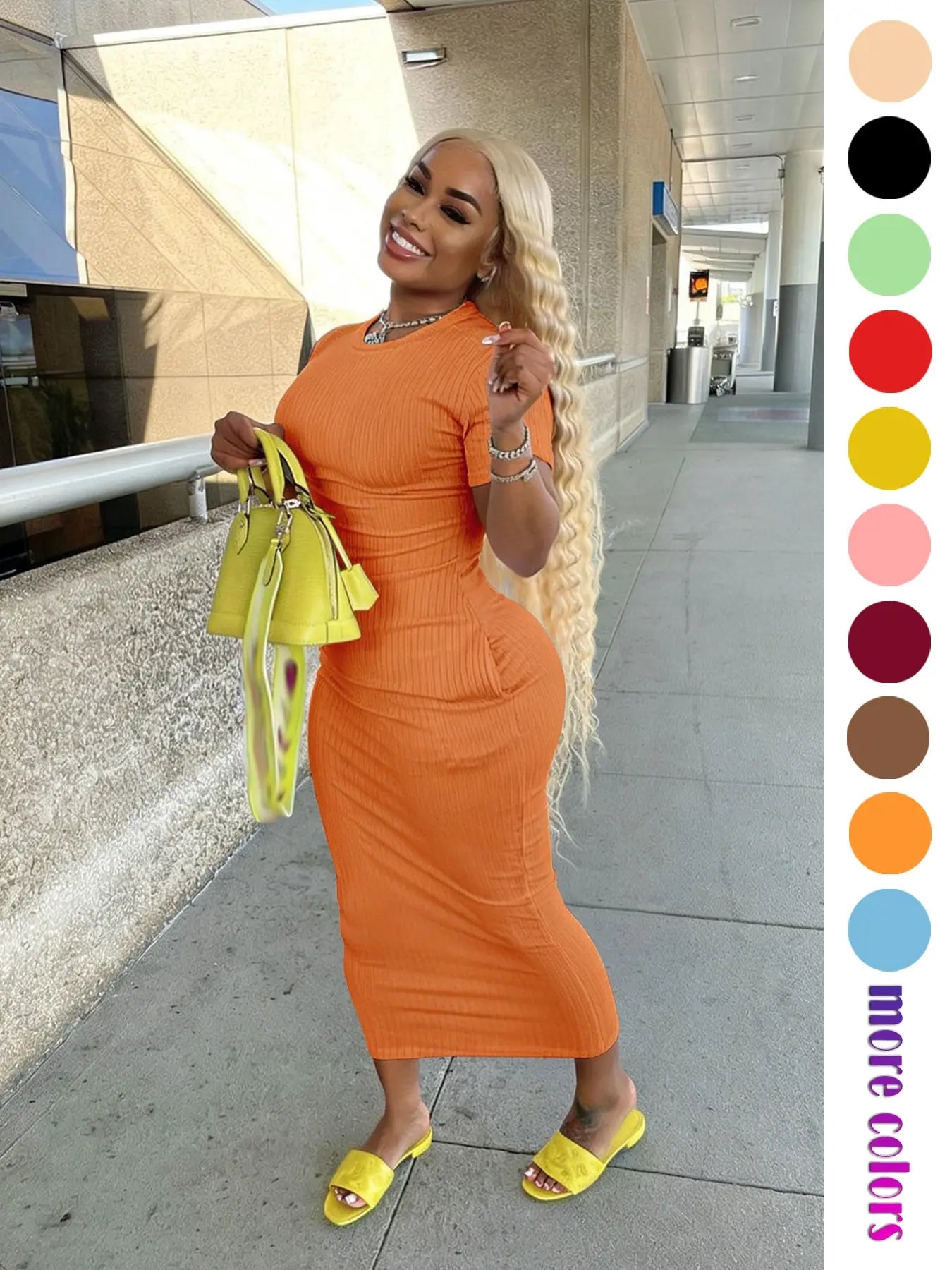 Threaded Elastic Solid Color Bodycon Dress, Breathable Elastic Party Outing Travel Pocket Long Dress, Summer Dress, Casual Wear, Womenswear