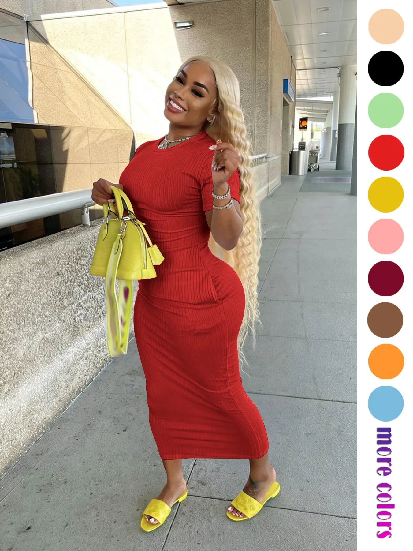 Threaded Elastic Solid Color Bodycon Dress, Breathable Elastic Party Outing Travel Pocket Long Dress, Summer Dress, Casual Wear, Womenswear