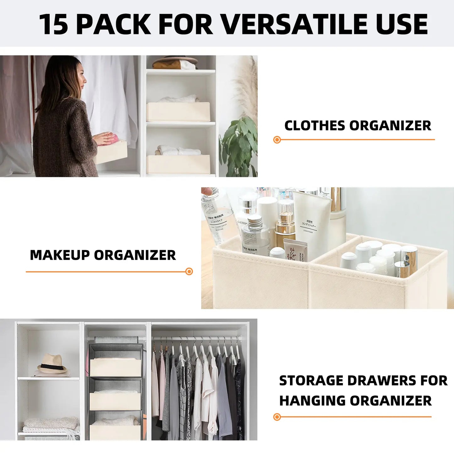 Criusia Sock Underwear Drawer Organizer Dividers 15 Pack - Dresser Organizer for Deep Drawer, Closet, Nursery, Bedroom - Fabric Bins for Organization Small Toys, Bra, Ties, Scarf, Belt (Beige)