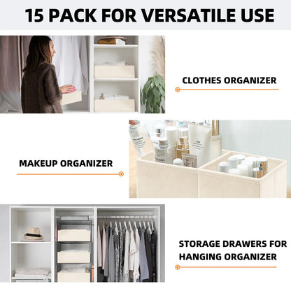 Criusia Sock Underwear Drawer Organizer Dividers 15 Pack - Dresser Organizer for Deep Drawer, Closet, Nursery, Bedroom - Fabric Bins for Organization Small Toys, Bra, Ties, Scarf, Belt (Beige)