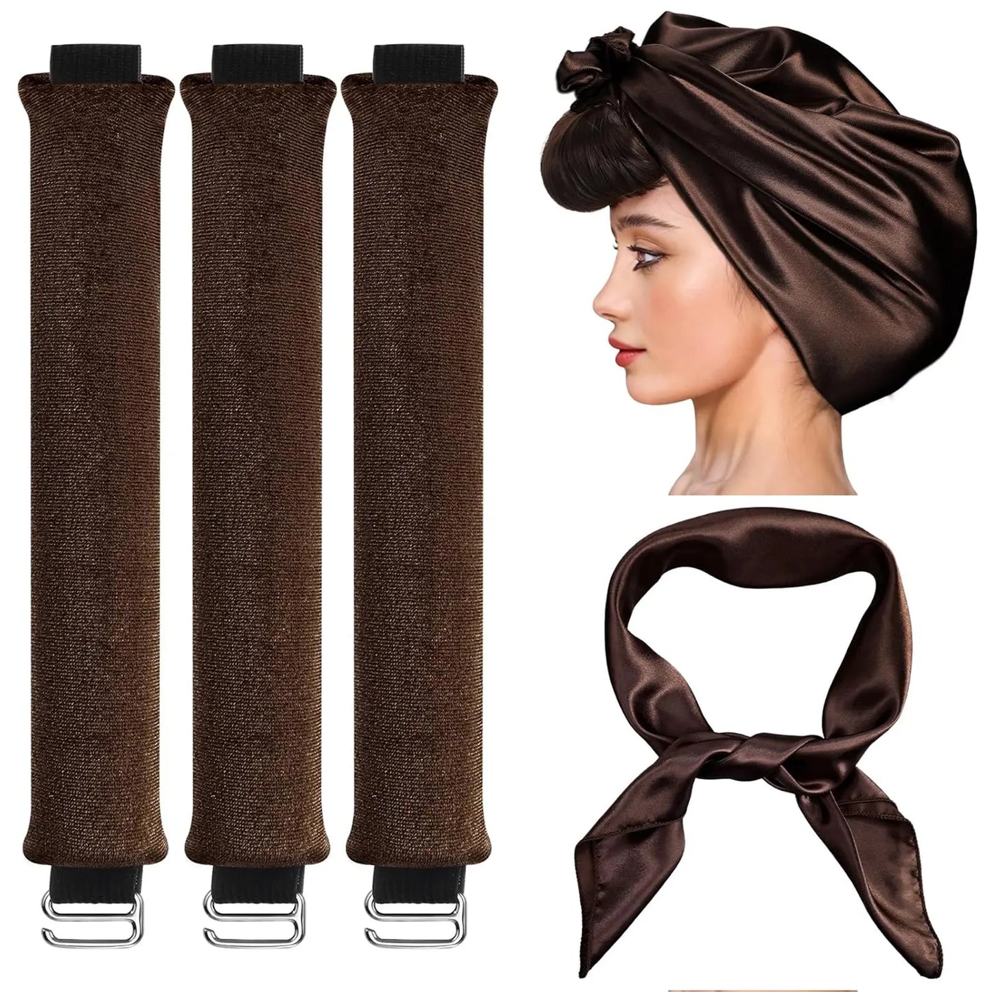 3-Pack Heatless Velvet Hair Curlers with Silk Scarf, No Heat Curling Rods for Long & Medium Hair, Sleep-In Curl Styling Kit