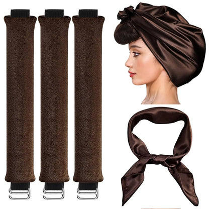 3-Pack Heatless Velvet Hair Curlers with Silk Scarf, No Heat Curling Rods for Long & Medium Hair, Sleep-In Curl Styling Kit