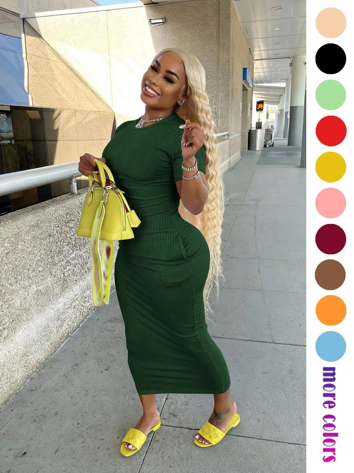 Threaded Elastic Solid Color Bodycon Dress, Breathable Elastic Party Outing Travel Pocket Long Dress, Summer Dress, Casual Wear, Womenswear
