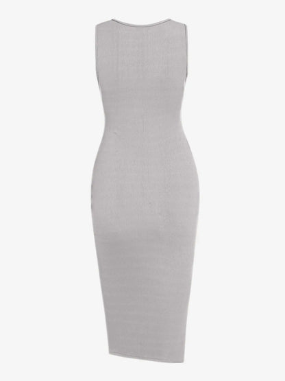 Women'S Drawstring Ruched Ribbed Tank Dress with Slit, Casual Button Decor Scoop Neck Sleeveless Bodycon Dress, Summer Clothes Women
