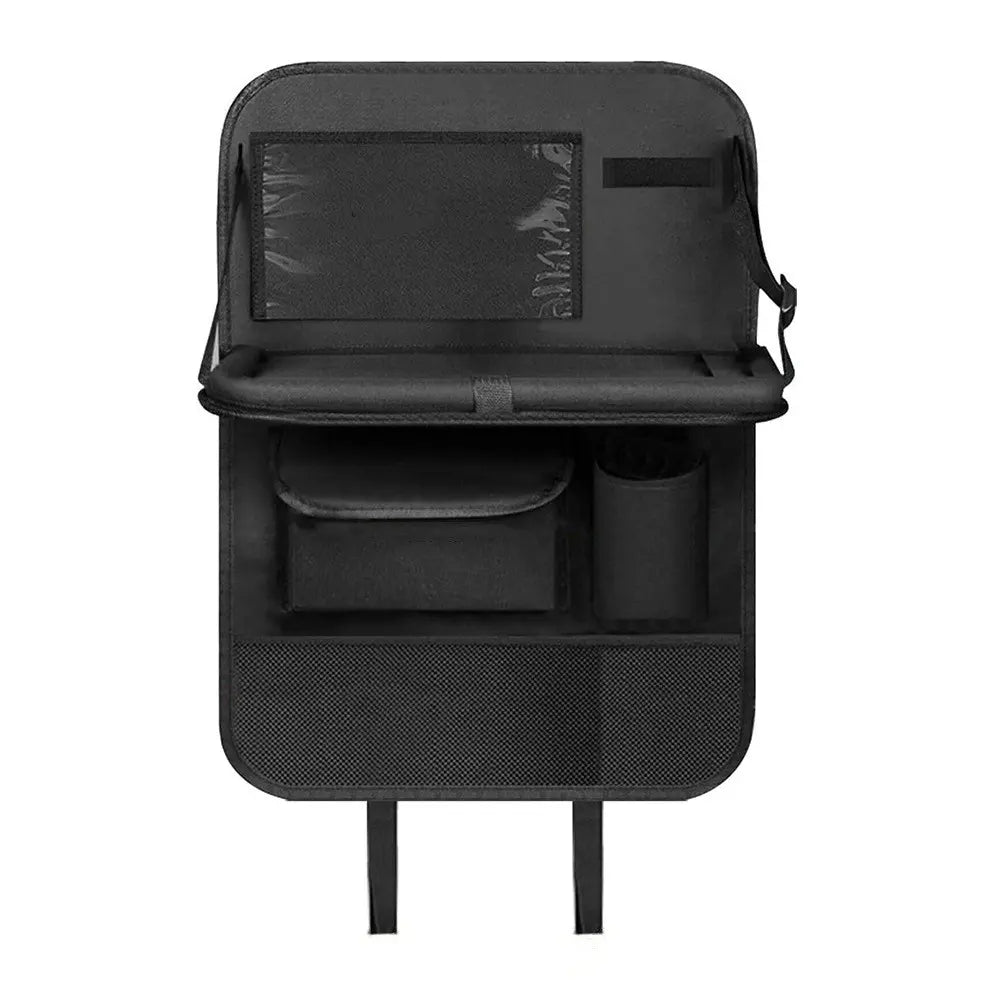 Car Backseat Organizer with Foldable Tray, 6 Pockets, Tablet Holder, and Kick Pad - Polyester Travel Accessory for Suvs, Trucks, Vans (Black), Car Seat Back Protector, Sturdy Construction, Universal Car Accessories