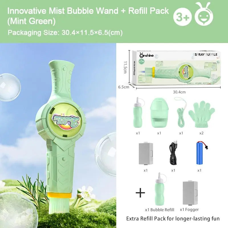 Elastic Smoke Bubble Machine for Kids - Rechargeable Magic Bubble Wand with Lights & Sound, Includes Gloves & Spill-Proof Cup, Safe Bubble Solution, Green & Pink