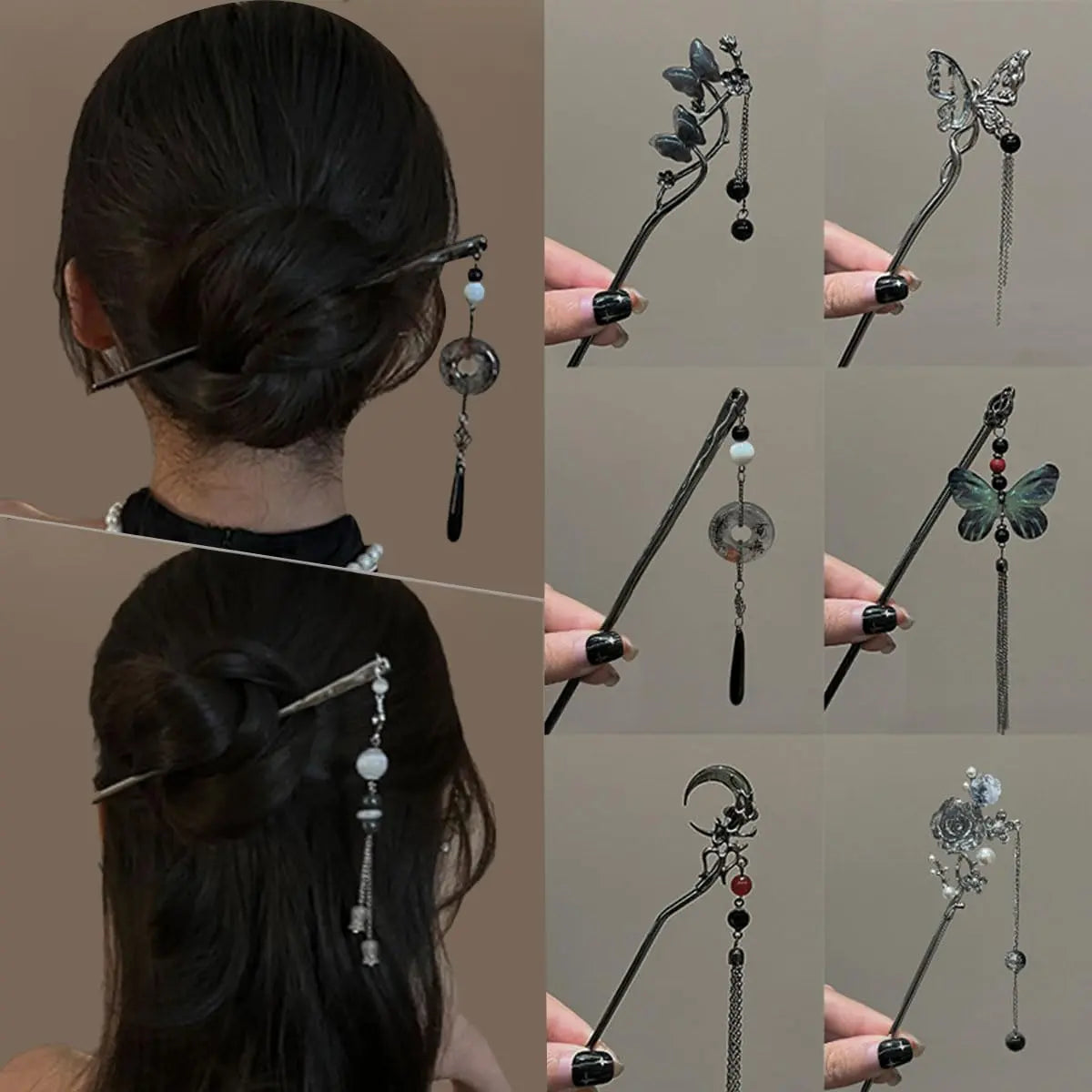 6PCS Dark Metal Hairpin Set Gothic Dark Girl Accessories for Halloween Cosplay Hanfu Qipao Punk Tassel Fall Hair Claw Unique Elegant Hair Clip Pin Exquisite French Hair Pin Clavicular Head Clip Banana Clip Hair