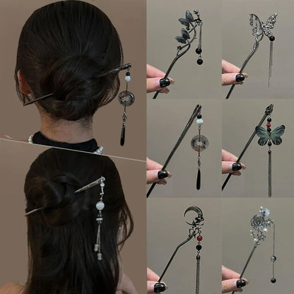6PCS Dark Metal Hairpin Set Gothic Dark Girl Accessories for Halloween Cosplay Hanfu Qipao Punk Tassel Fall Hair Claw Unique Elegant Hair Clip Pin Exquisite French Hair Pin Clavicular Head Clip Banana Clip Hair