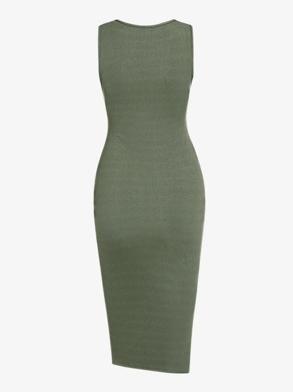 Women'S Drawstring Ruched Ribbed Tank Dress with Slit, Casual Button Decor Scoop Neck Sleeveless Bodycon Dress, Summer Clothes Women