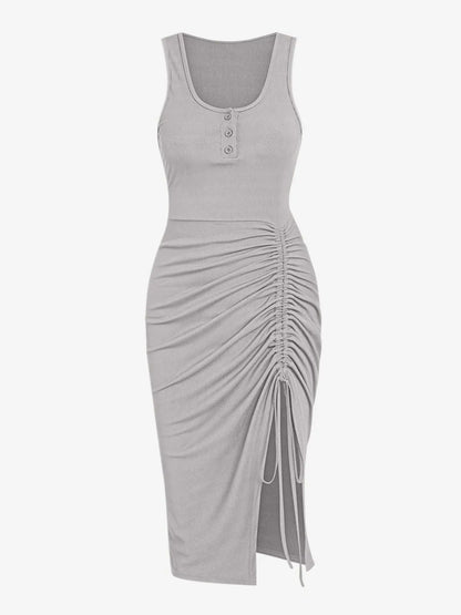 Women'S Drawstring Ruched Ribbed Tank Dress with Slit, Casual Button Decor Scoop Neck Sleeveless Bodycon Dress, Summer Clothes Women