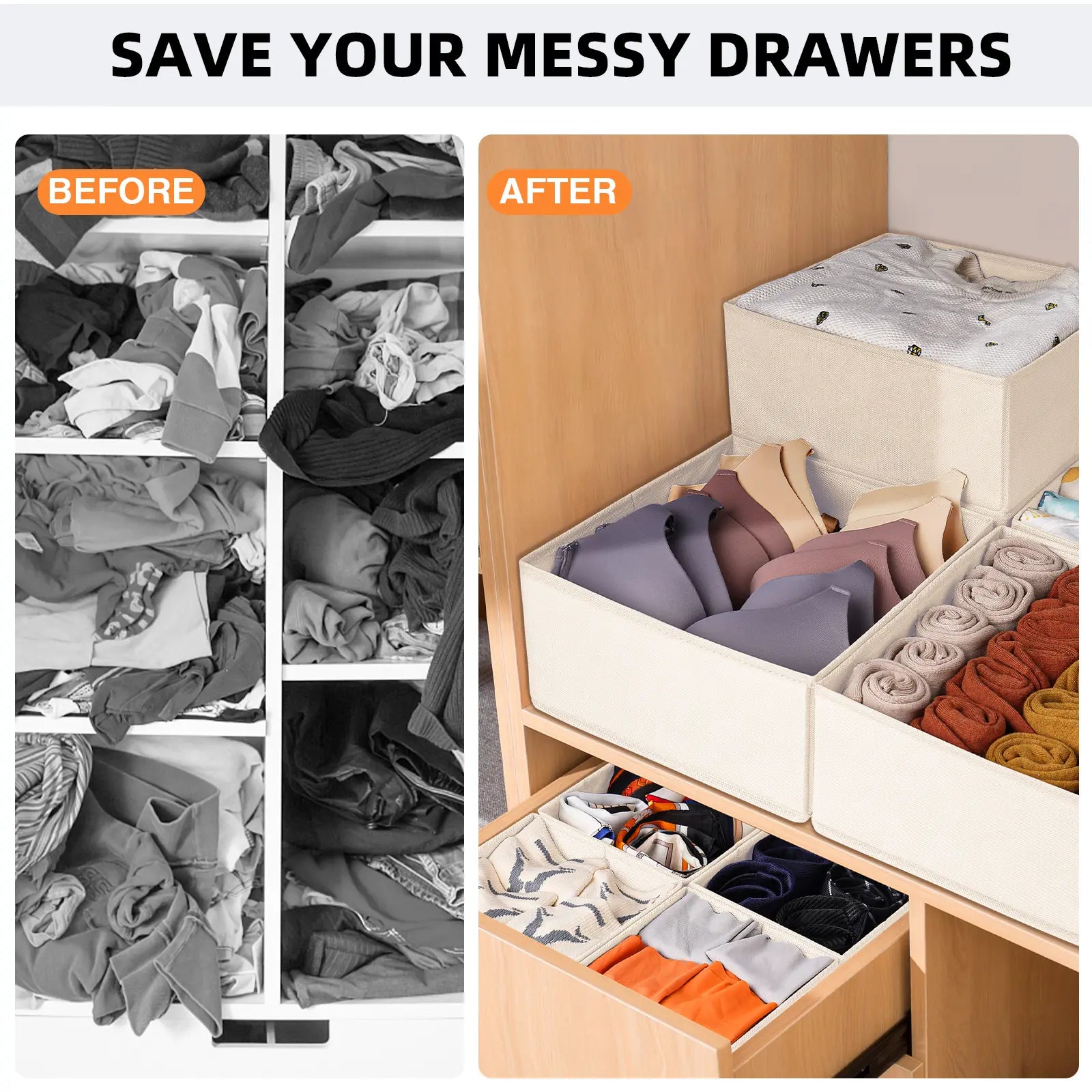 Criusia Sock Underwear Drawer Organizer Dividers 15 Pack - Dresser Organizer for Deep Drawer, Closet, Nursery, Bedroom - Fabric Bins for Organization Small Toys, Bra, Ties, Scarf, Belt (Beige)