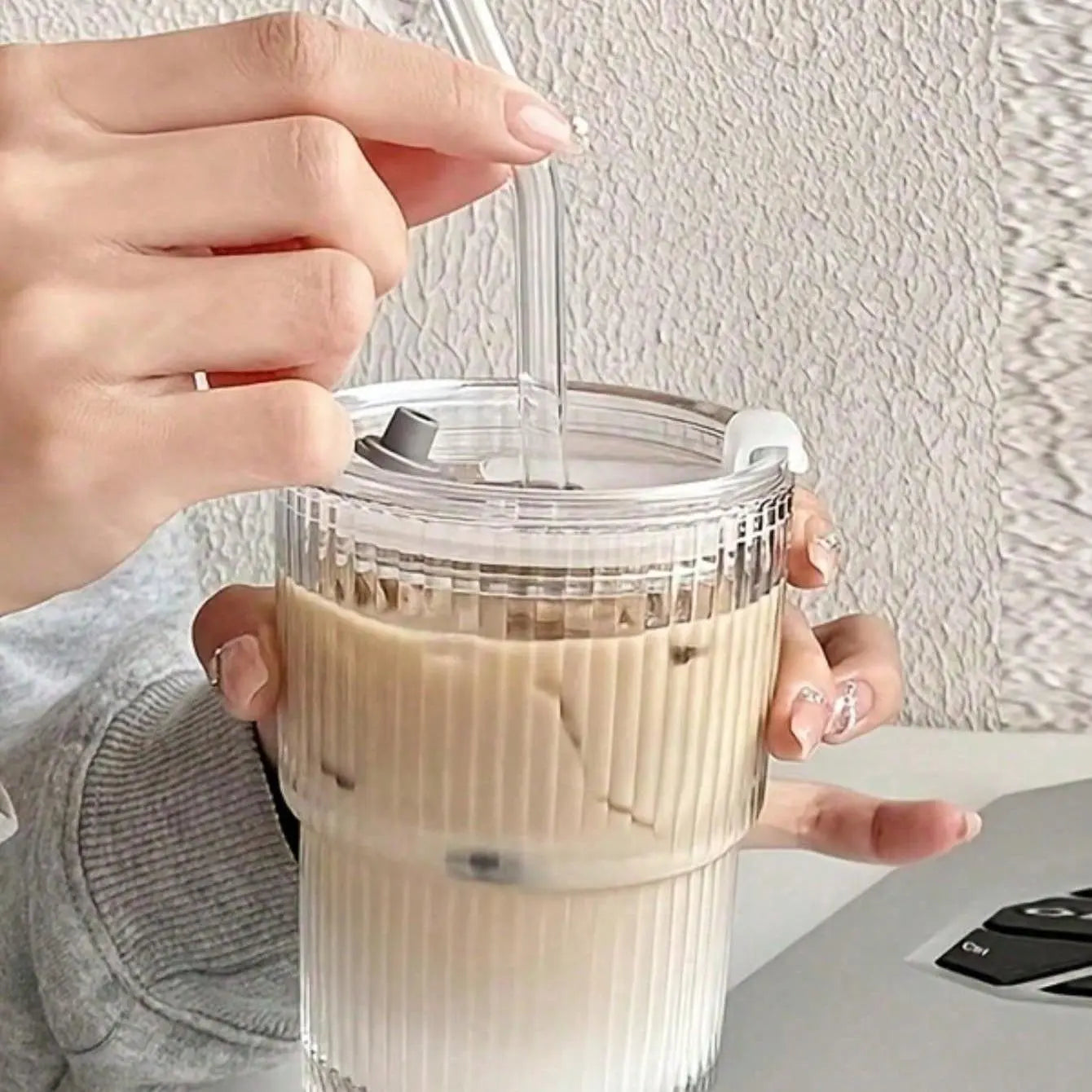 1 Double Wall Insulated Glass Cup with Straw and Lid - Spill Proof and Leak Proof Travel Mug, Suitable for Coffee and Beverages, Reusable Thermos Cup