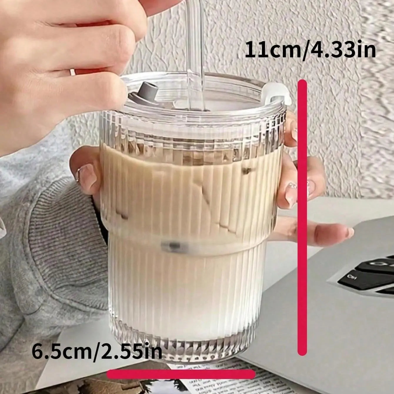 1 Double Wall Insulated Glass Cup with Straw and Lid - Spill Proof and Leak Proof Travel Mug, Suitable for Coffee and Beverages, Reusable Thermos Cup
