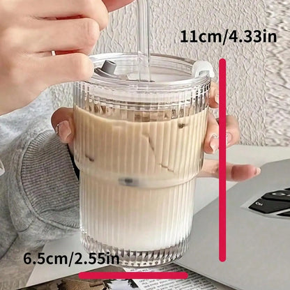 1 Double Wall Insulated Glass Cup with Straw and Lid - Spill Proof and Leak Proof Travel Mug, Suitable for Coffee and Beverages, Reusable Thermos Cup