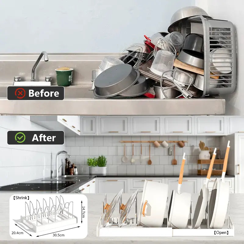 Expandable Pot and Pan Organizer Rack for Cabinet, Pot Lid Organizer Holder with 7 Stainless Steel Adjustable Dividers for Kitchen Cabinet Organizer and Storage (White)