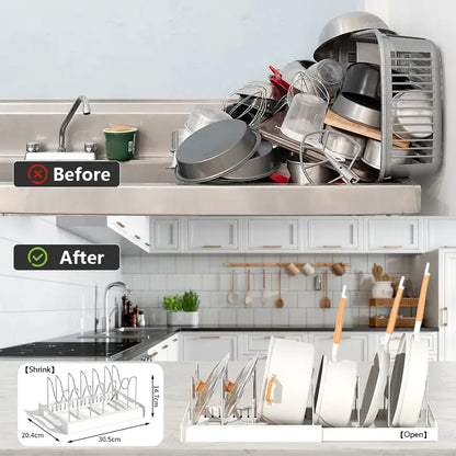 Expandable Pot and Pan Organizer Rack for Cabinet, Pot Lid Organizer Holder with 7 Stainless Steel Adjustable Dividers for Kitchen Cabinet Organizer and Storage (White)