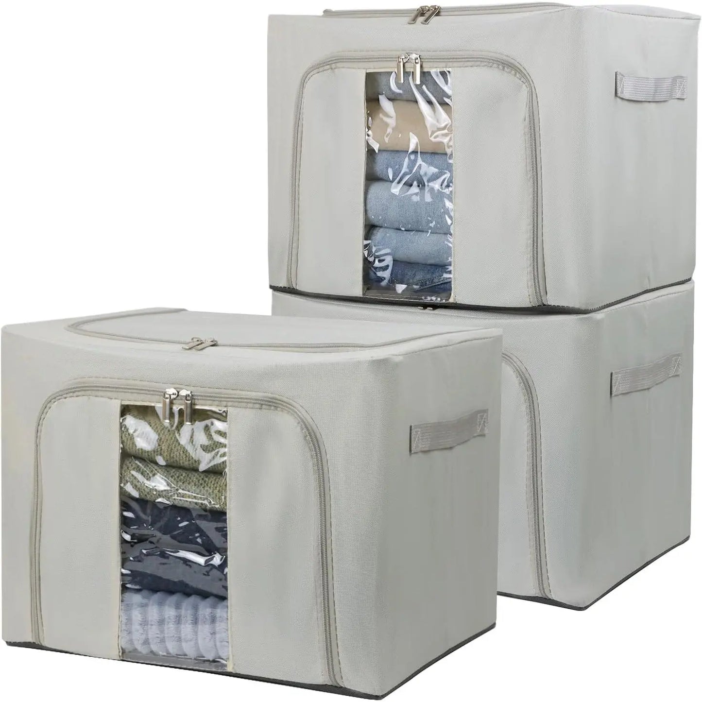 36L Clothes Storage Bins with Metal Frame, 3 Pcs Stackable Clothing Storage Boxes Containers with Lids, Foldable Oxford Fabric Clothes Organizer Bags Closet Organizers Organizing Bin for Sheet