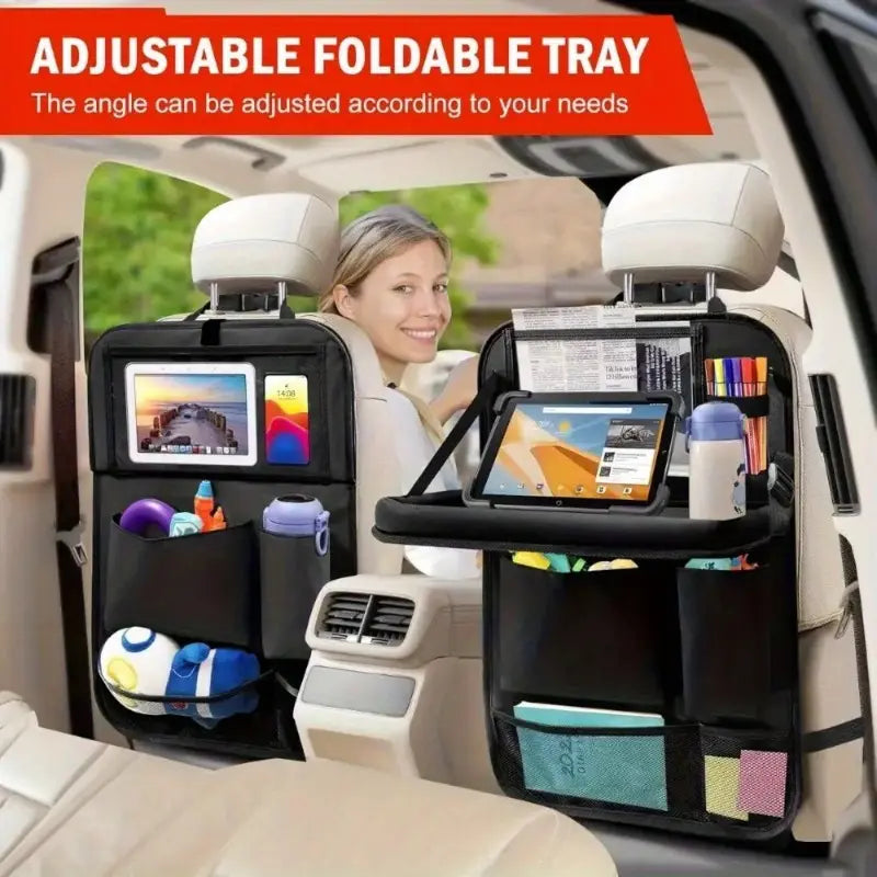 Car Backseat Organizer with Foldable Tray, 6 Pockets, Tablet Holder, and Kick Pad - Polyester Travel Accessory for Suvs, Trucks, Vans (Black), Car Seat Back Protector, Sturdy Construction, Universal Car Accessories